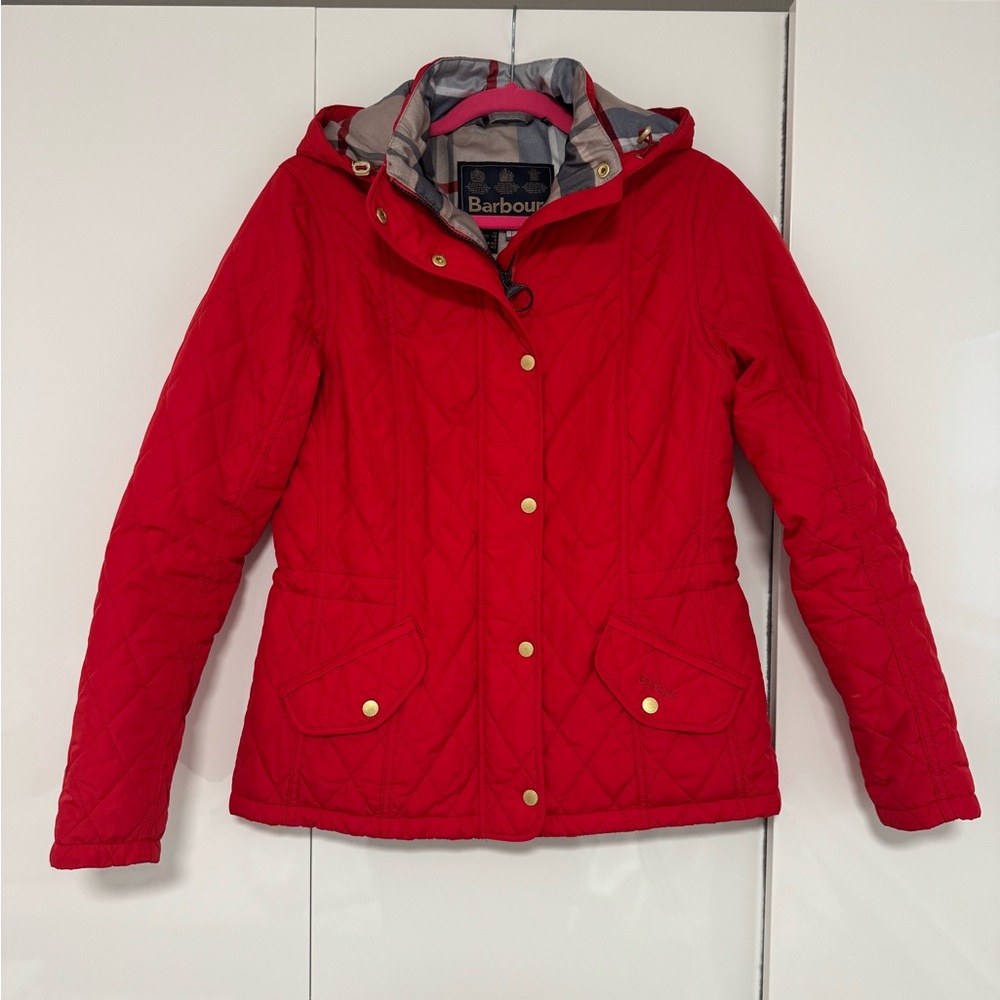 Barbour Red Quilted Jacket w/ Tartan Lining Hooded | US 8 / UK 12